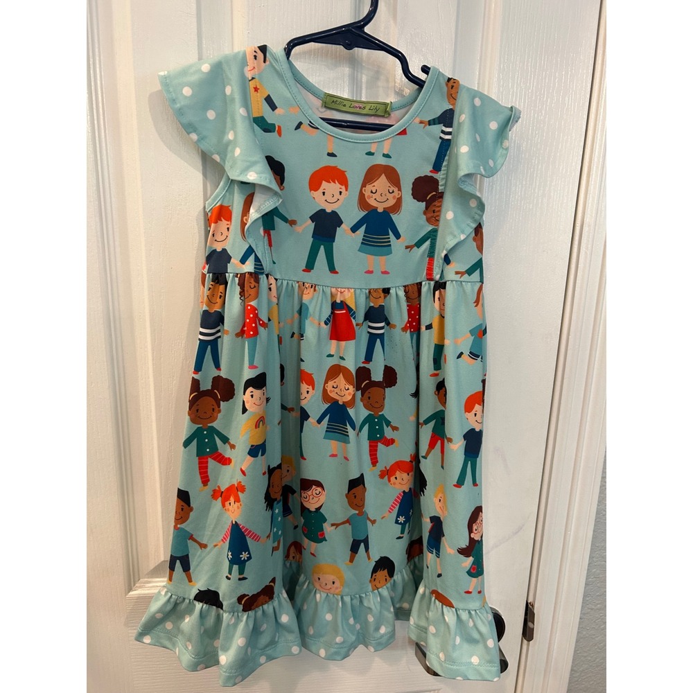 Millie Loves Lily Dress Blue Kids Holding Hands Ruffle Flutter Sleeve Size 5